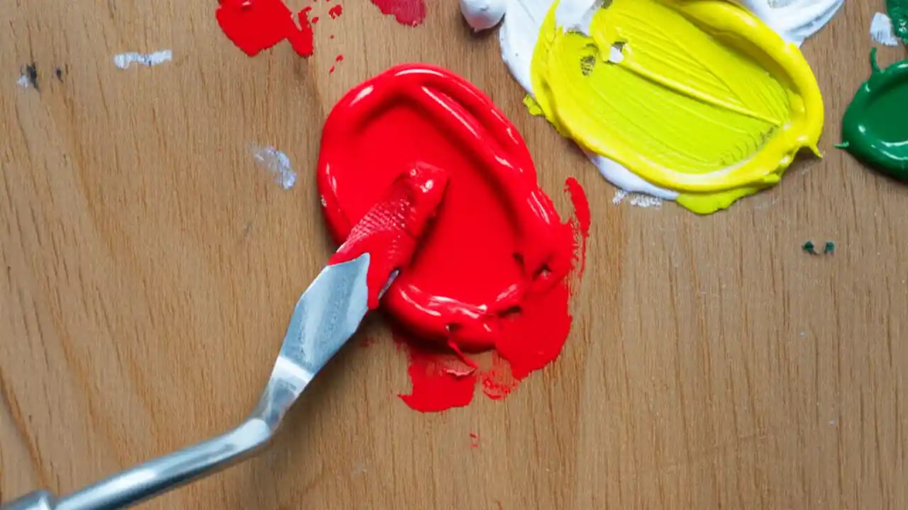 An overhead shot of an artist's palette showing pure red paint being mixed with other colors like white and green to create different shades and tints.