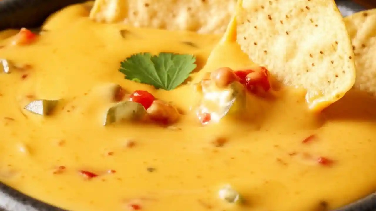 A close-up of a rustic bowl filled with creamy Tex-Mex queso dip, showing a tortilla chip being dipped into the cheese.