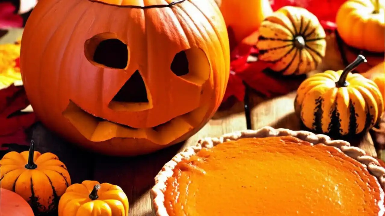 A flat lay on a wooden table showing various pumpkin uses, including soup, a jack-o'-lantern, roasted seeds, and beauty products.