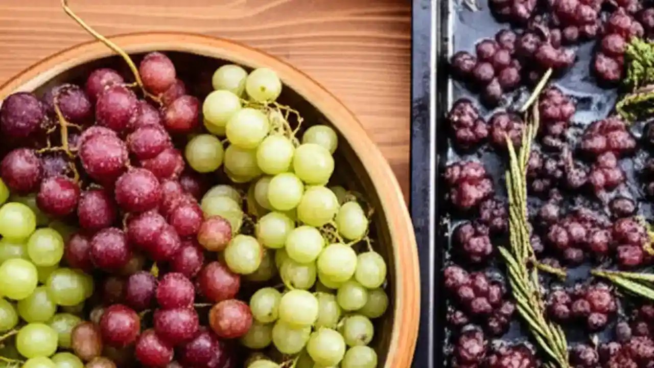 A flat lay image showing a variety of things to do with grapes, including fresh grapes, roasted grapes, grape jam, and frozen grapes.