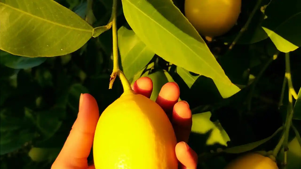 A hand gently testing a bright yellow, ripe lemon on a lemon tree branch, surrounded by green leaves.