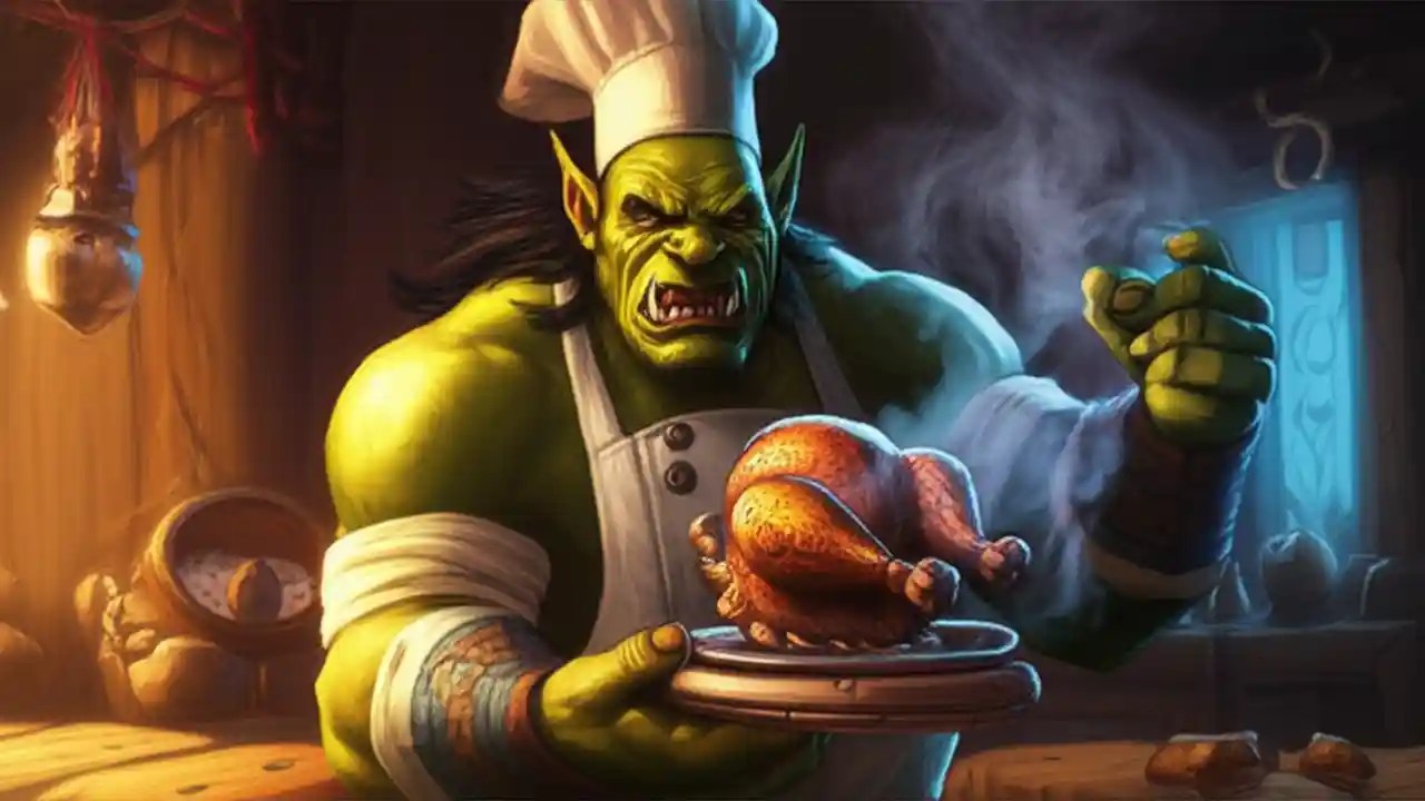 An Orc chef holding a platter with a roasted raptor, illustrating the result of following the WoW Expert Cooking guide.