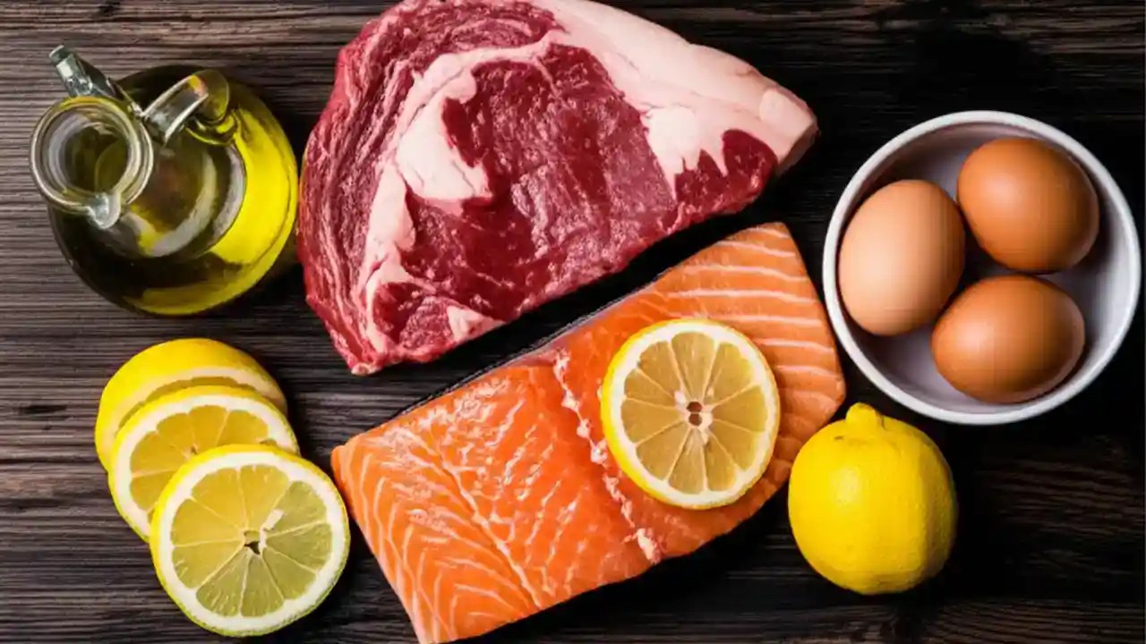 A top-down view of zero-carb foods on a dark surface, including a raw ribeye steak, a salmon fillet, shrimp, and a block of aged cheese.