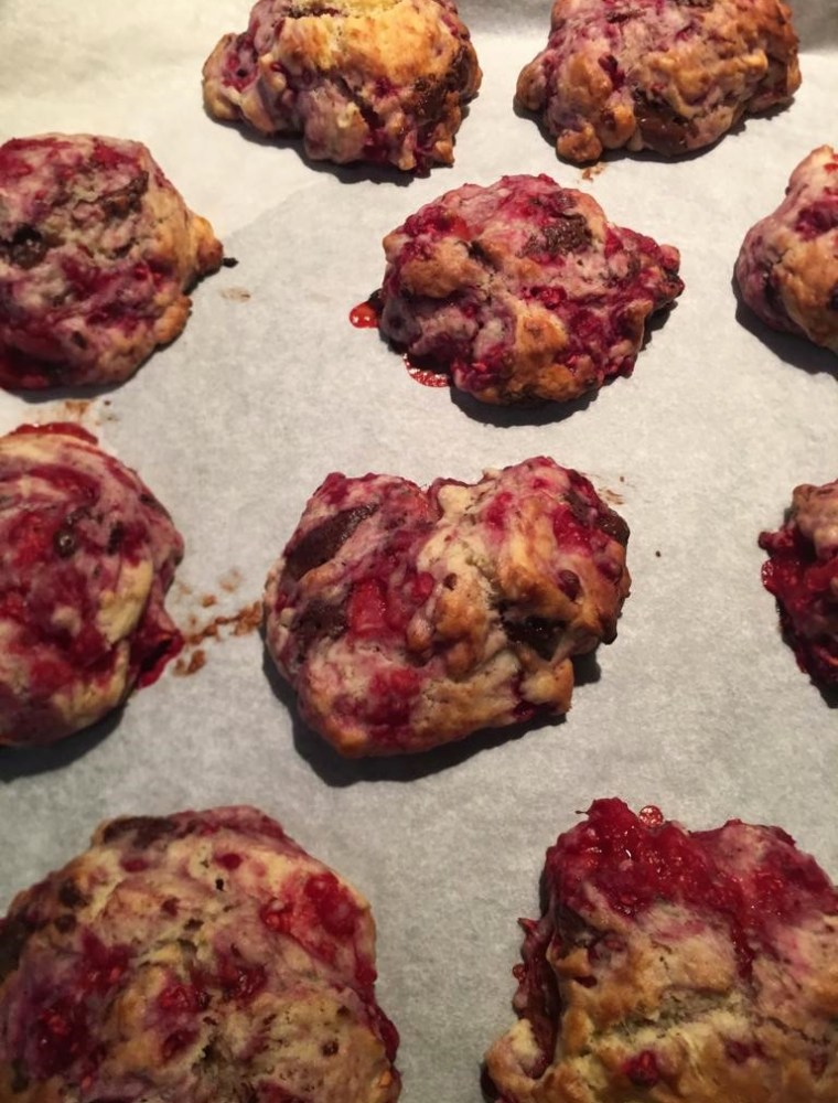 Soft chocolate raspberry cookies with mint yoghurt