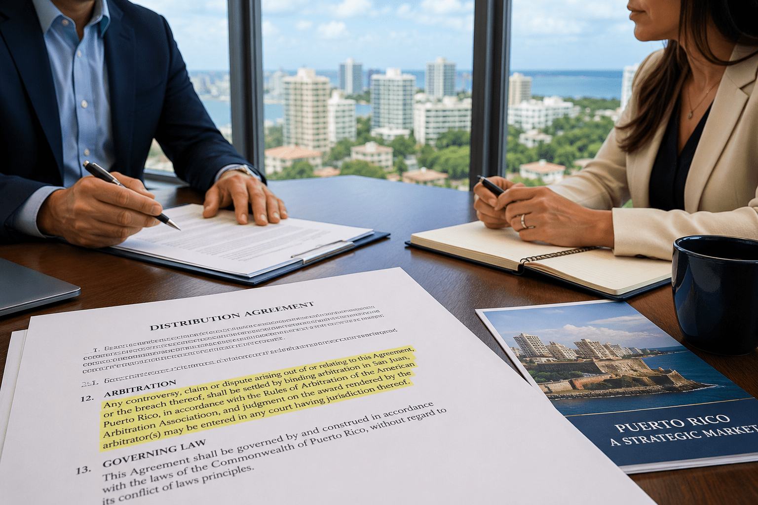 Business executives reviewing a commercial agreement with an arbitration clause in a modern Puerto Rico office overlooking the San Juan skyline.