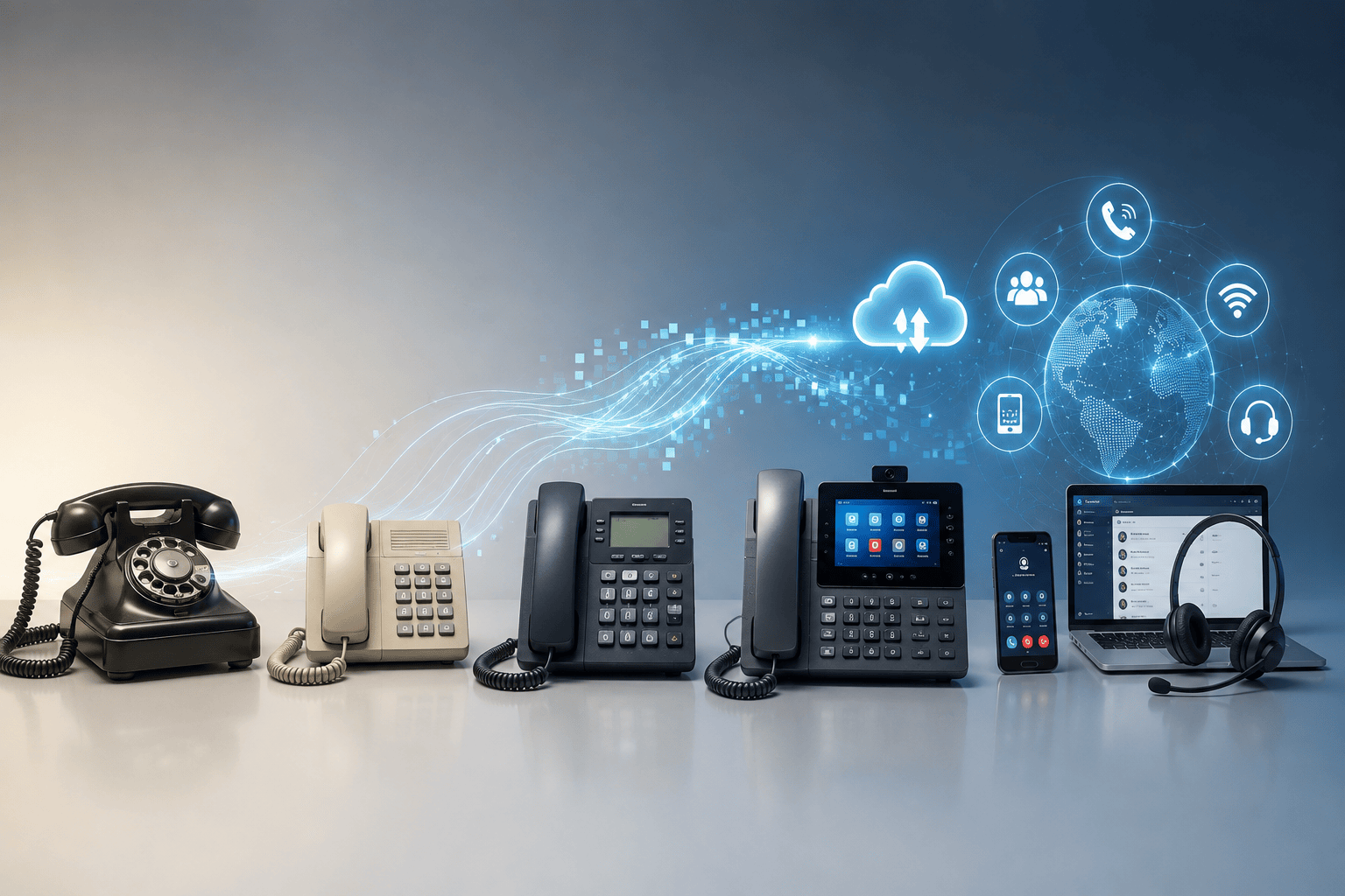 Traditional to advanced telephony showing analogue phones evolving into IP PBX, VoIP, cloud and modern digital communication systems.