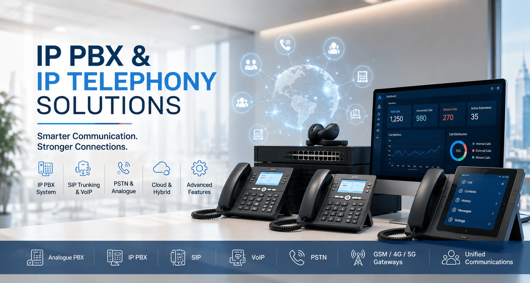 IP PBX and IP Telephony solutions with SIP, VoIP, PSTN and business telephone systems