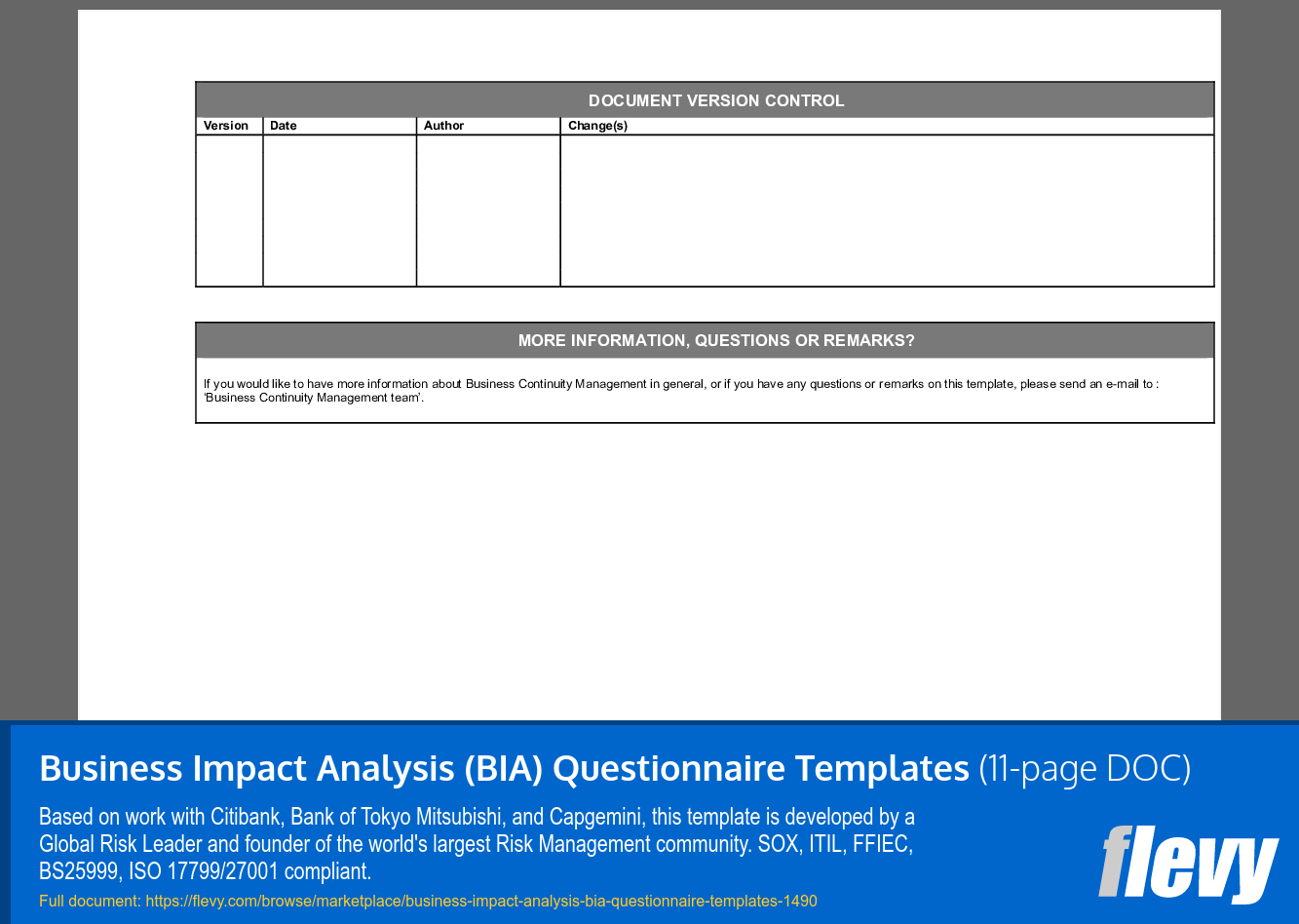 Business Impact Analysis Bia Questionnaire Templates 11 Page Word Document