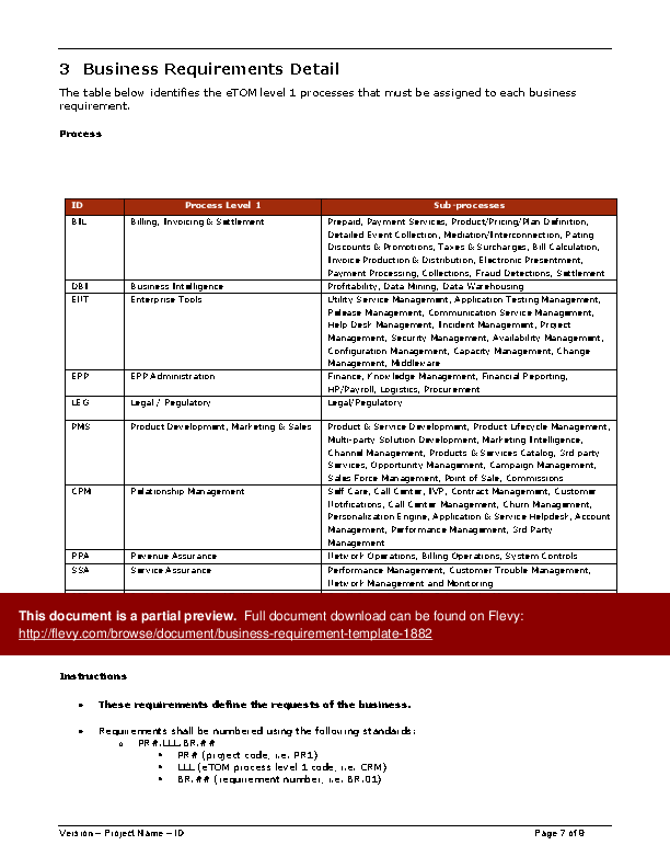 Business Requirement Template 9 Page Word Document
