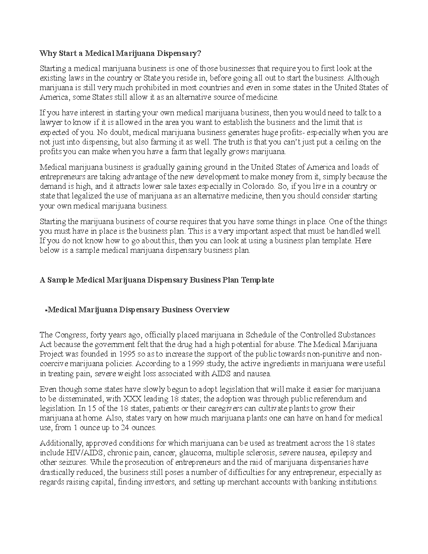 Medical Marijuana Dispensary Business Plan 14 Page Word Document