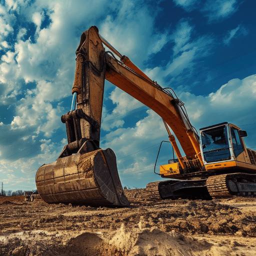 A backhoe stands in a dirt lot against the background of a cloudy sky.