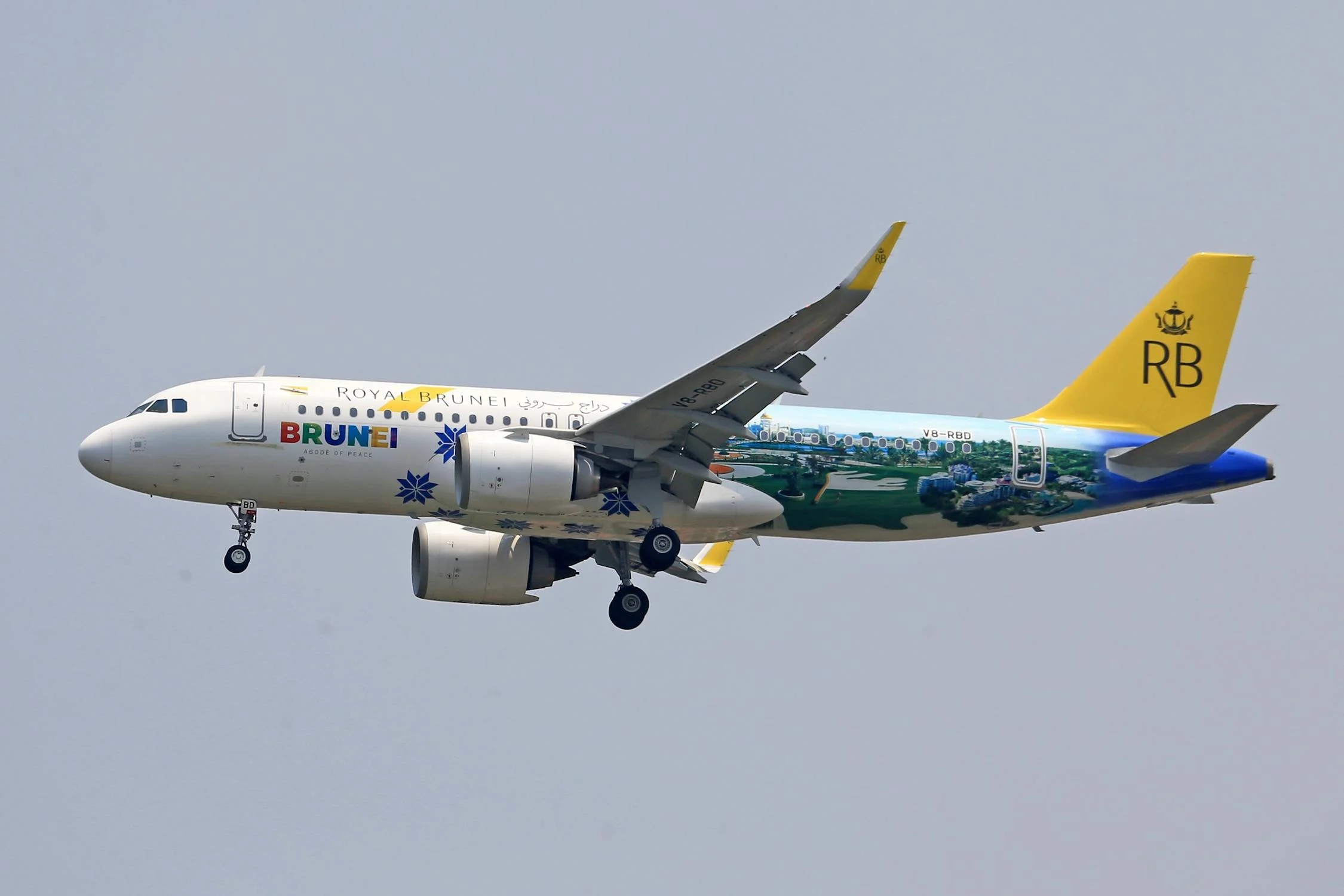 Royal Brunei Airbus A320neo with green-themed fuselage, highlighting Airbus’s growing role in environmentally aligned aviation.