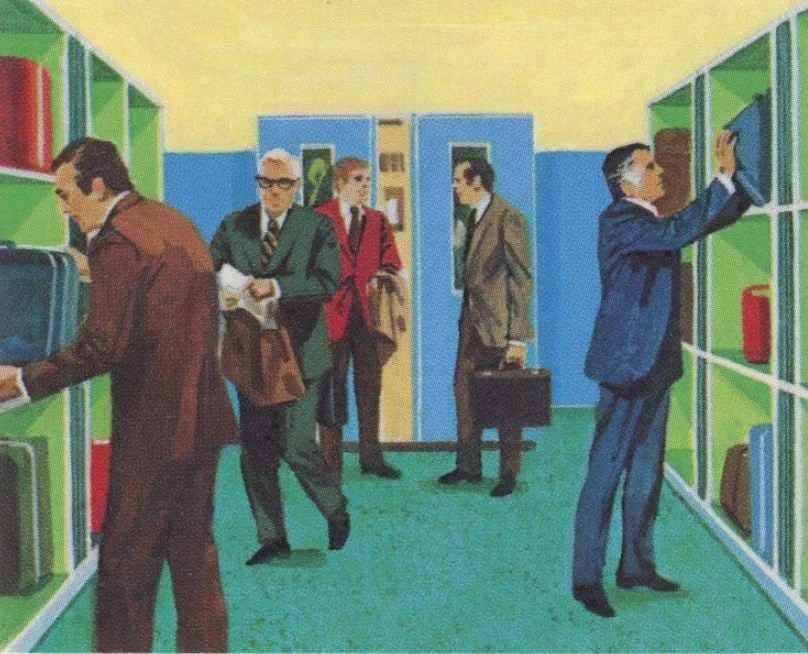 Passengers stow their carry-ons in the storage area