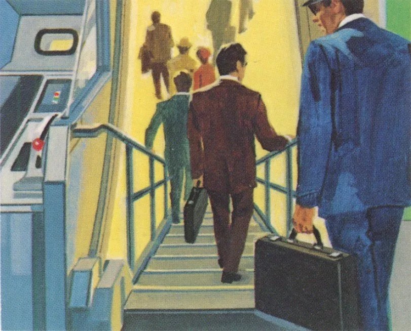 Passengers take their carry-ons and deplane