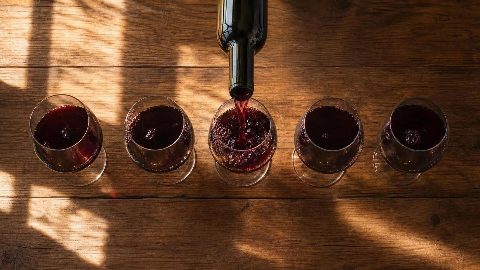 How Many Glasses of Wine in a Bottle? (Standard, Dessert, Sparkling) 1 One bottle of red wine pouring into a row of five wine glasses showing the standard five-glass yield