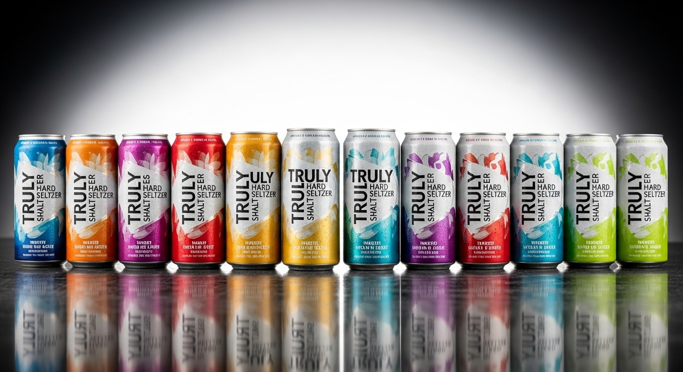 Different editions of Truly cans lined up chronologically