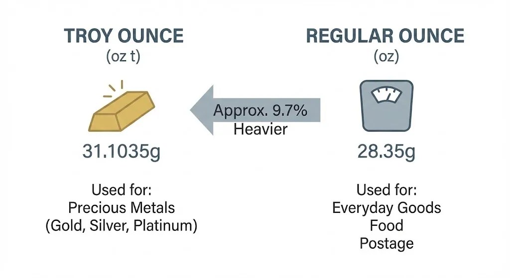 How Many Grams In An Ounce Of Gold 22K? – A Powerful, Trusted Guide for Smart Buyers (2026) 2 Difference between troy ounce and regular ounce in grams