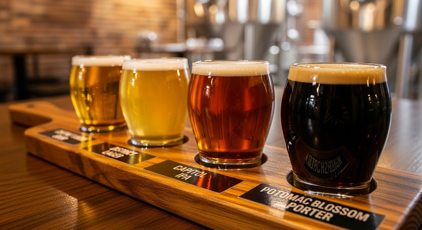 Best Brewery Washington DC: The Definitive 2025 Guide for Beer Enthusiasts 10 Beer flight sampler on wooden board at Washington DC brewery