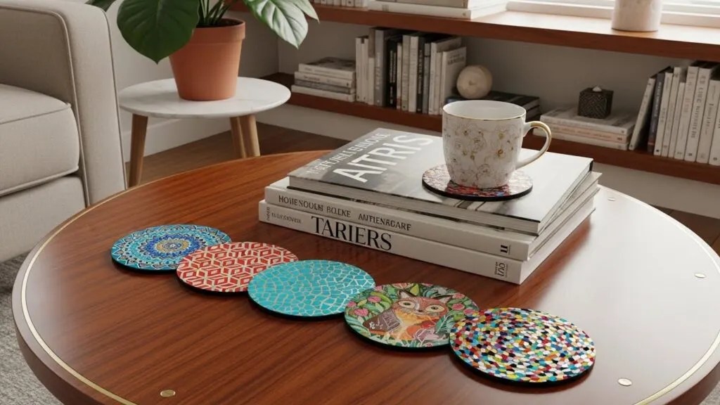 What Are Coasters Used For? 17 Practical Uses Explained (2026 Guide) 3 Stylish decorative coasters arranged on a coffee table in a modern living room