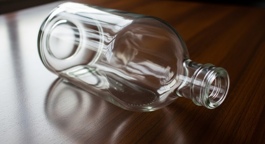 An empty 750ml vodka bottle on a countertop