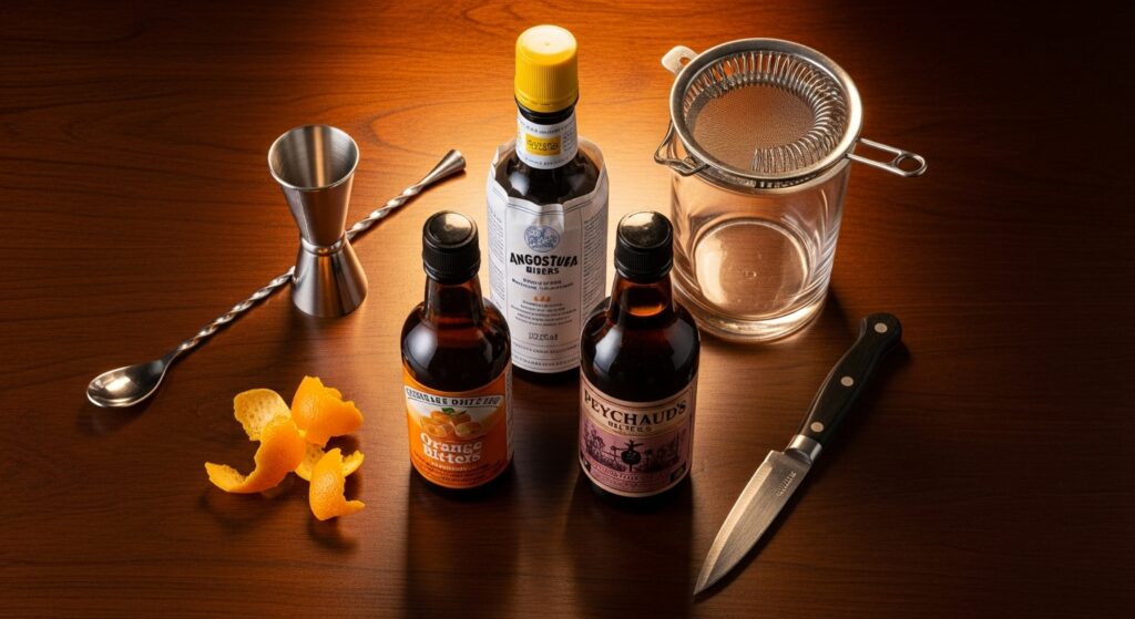 Bottles of Angostura, orange, and Peychaud’s bitters arranged with cocktail tools