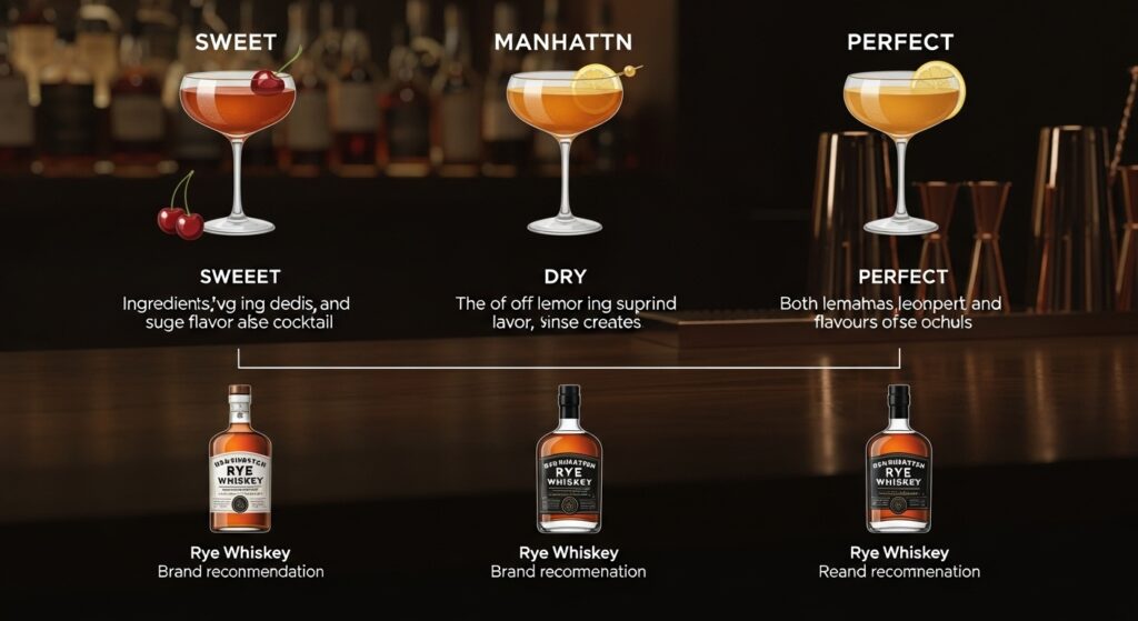 Graphic comparing sweet, dry, and perfect Manhattan styles