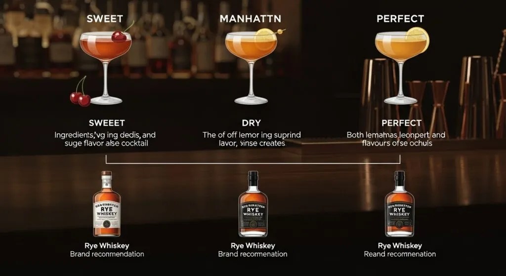 Best Rye for Manhattan — Ultimate 2026 Bartender’s Guide 8 Graphic comparing sweet, dry, and perfect Manhattan styles