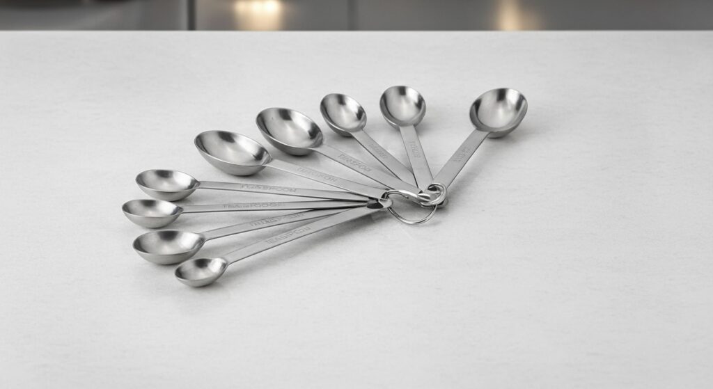 Standard measuring spoons showing 1 tsp, 1 tbsp, and a 10ml equivalent