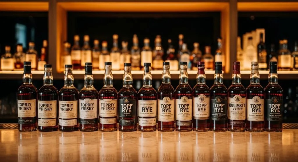 Best Rye for Manhattan — Ultimate 2026 Bartender’s Guide 6 Top 10 rye whiskey bottles arranged on a bar counter