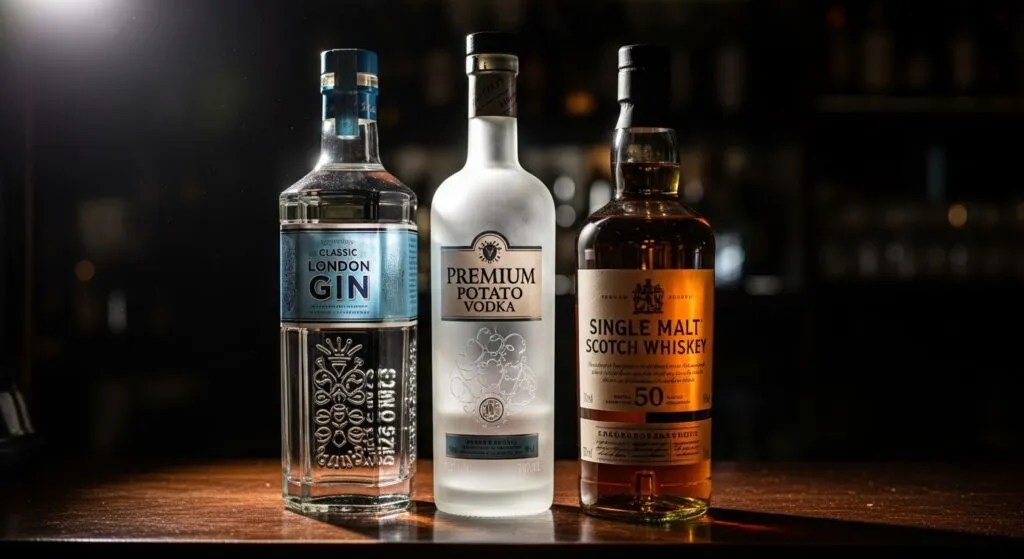 What Does Bruising Mean in Bartending? 17 Things Every Bartender Should Know (2026 Guide) 4 Gin, vodka, and whiskey bottles side by side