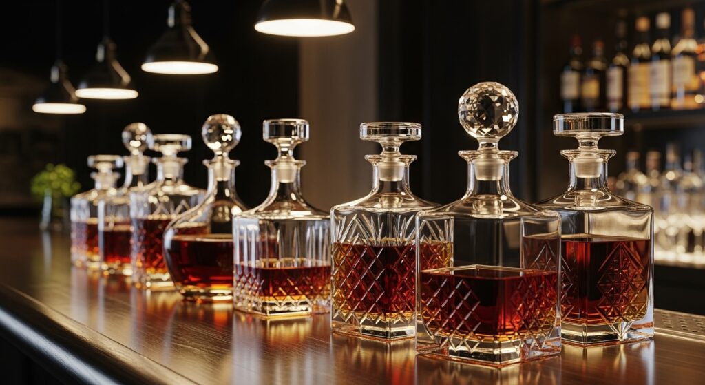 Several types of whiskey decanters on a wooden bar