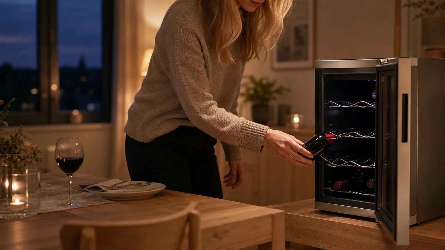 Top 8 Reasons the Cuisinart CWC-800 Wine Cooler Is a Must-Have Compact Home Upgrade 2026 4 Hand placing a red wine bottle into the chrome rack of the Cuisinart CWC-800 cooler
