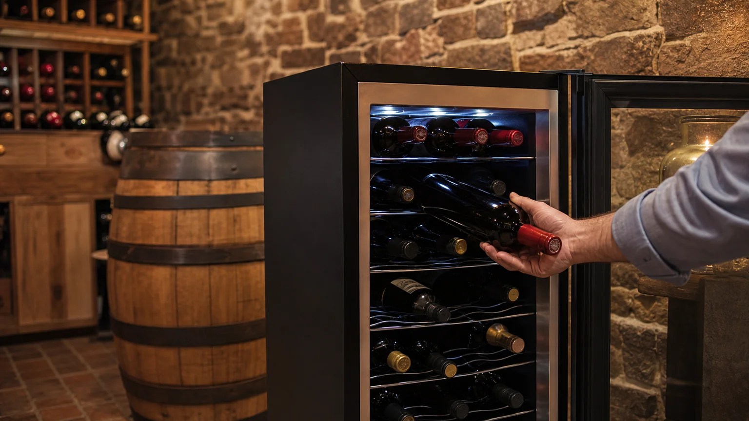 Danby DWC040A3BSSDD Wine Cooler Review 2026 4 Hand placing a red wine bottle into the chrome rack of the Danby DWC040A3BSSDD