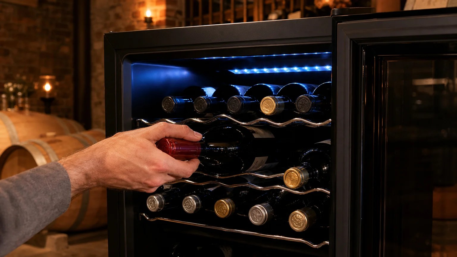 Danby DWC350BLP Wine Cooler Review 2026 4 Hand placing a red wine bottle into the chrome rack of the Danby DWC350BLP