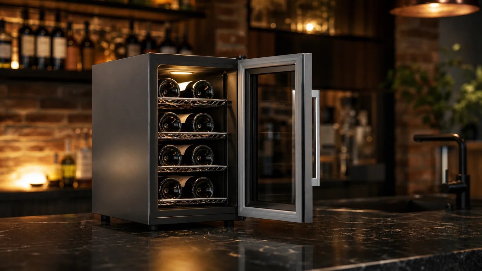 Top 10 Benefits of the Wine Cooler Electronic 8 Bottle Wine Chiller for Modern Homes 3 Interior view of the electronic 8-bottle chiller with chrome racks holding wine bottles inside