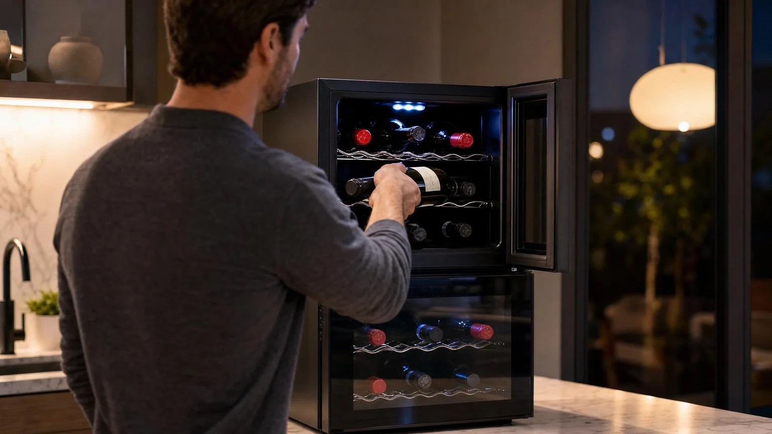 Ivation IVFWCT242DB Wine Cooler Review 2026 4 Person loading a wine bottle into the Ivation IVFWCT242DB upper zone chrome wire shelf