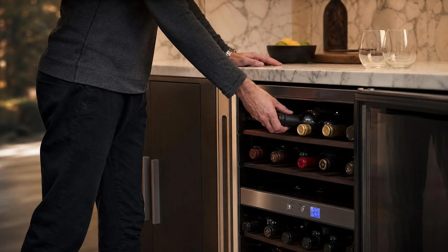 Koldfront TWR181ES Wine Cooler Review 2026 4 Person loading a wine bottle into the Koldfront TWR181ES 18-bottle wine cooler shelf