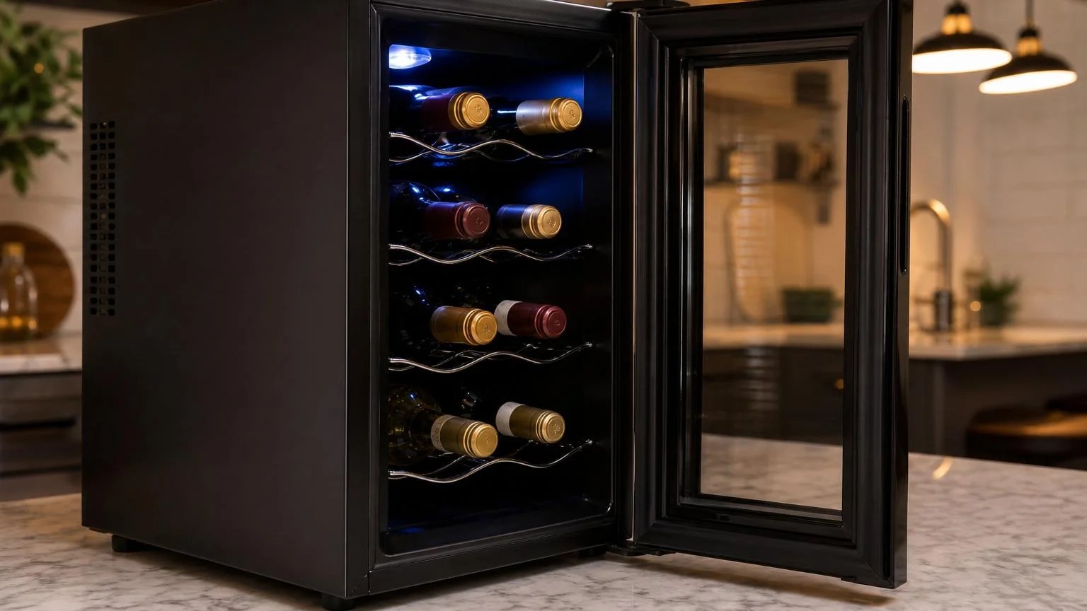 Koolatron WC08 8 Bottle Wine Cooler Review 2026 3 Interior view of the Koolatron WC08 8-bottle wine cooler with chrome wire shelves loaded with bottles