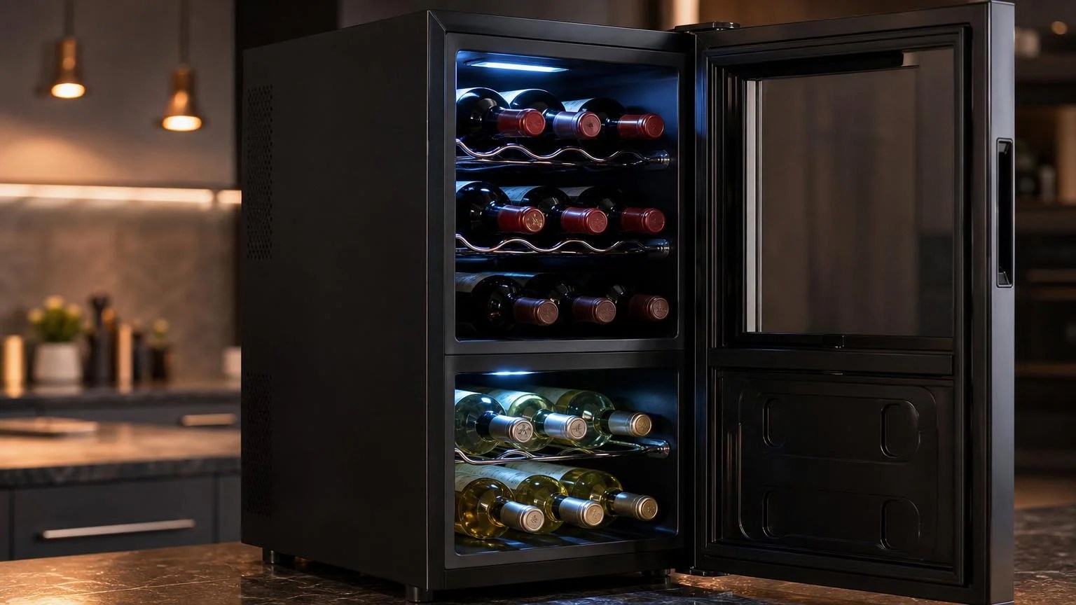 Koolatron WC12DZ 12 Bottle Wine Cooler Review 2026 3 Interior view of the Koolatron WC12DZ dual-zone wine cooler with shelves loaded with red and white bottles