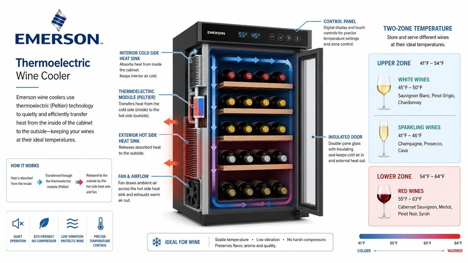 The Best Emerson Wine Cooler In 2026 – Is It Worth Buying? 2 Thermoelectric cooling diagram showing how Peltier module works in a wine cooler