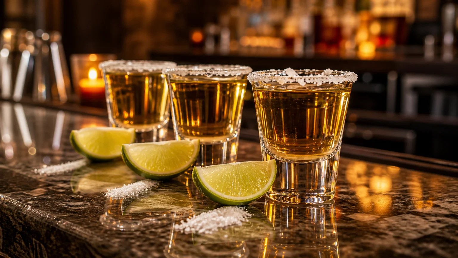 How Many Shots Of Tequila To Get Drunk? Find Out Now 1 Tequila shots glasses with lime and salt on bar counter