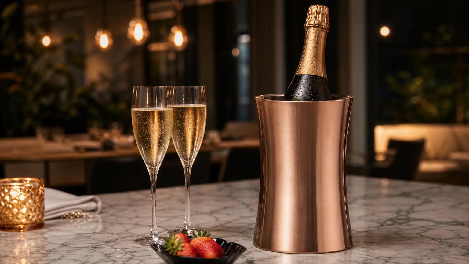 VonShef Stainless Steel Review 2026 1 VonShef stainless steel bottle chiller cradling a champagne bottle on a marble dining table