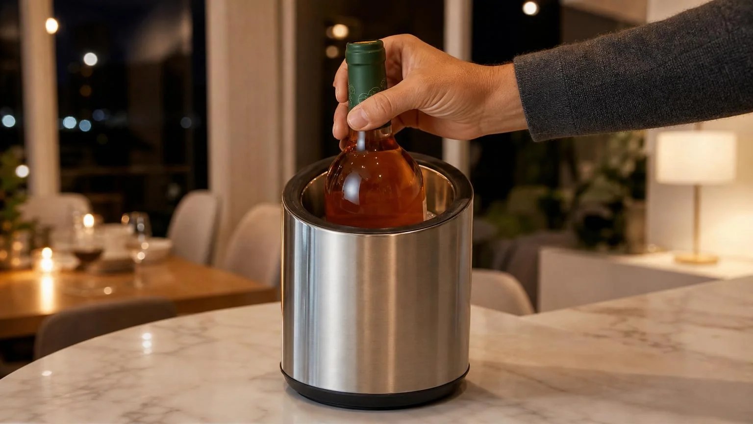 Wine Enthusiast Double-Wall Iceless Review 2026 4 Hand sliding a wine bottle into the Wine Enthusiast iceless wine cooler