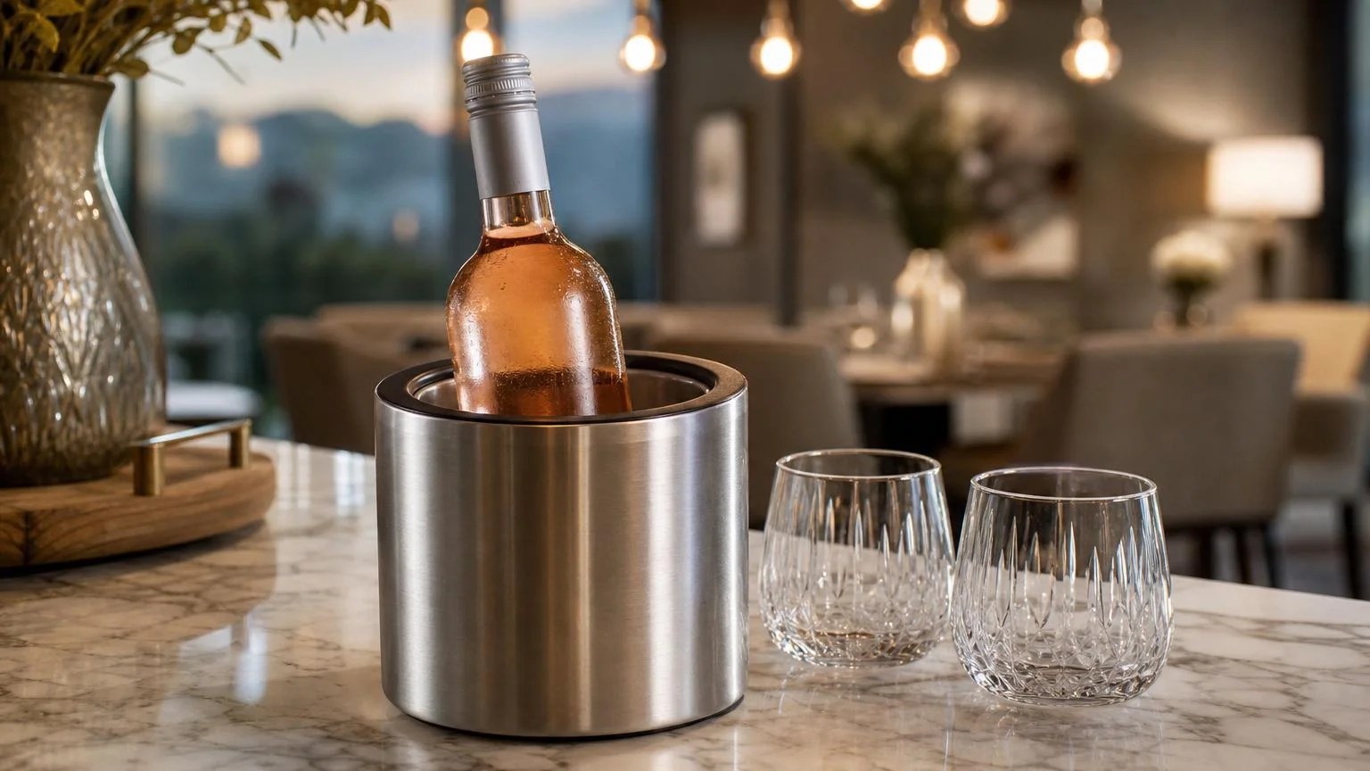 Wine Enthusiast Double-Wall Iceless Review 2026 3 Wine Enthusiast iceless vacuum cooler holding a chilled bottle of rose wine on a marble counter