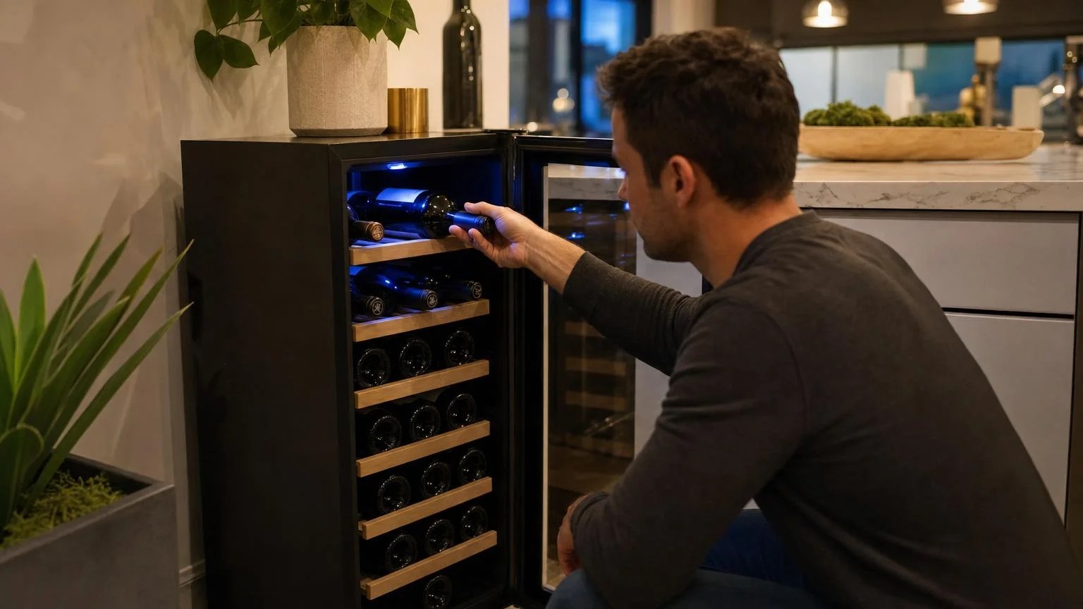 Whynter WC-241DS Dual Zone Wine Cooler Review 2026 4 Person loading a wine bottle into the Whynter WC-241DS upper zone wood shelf