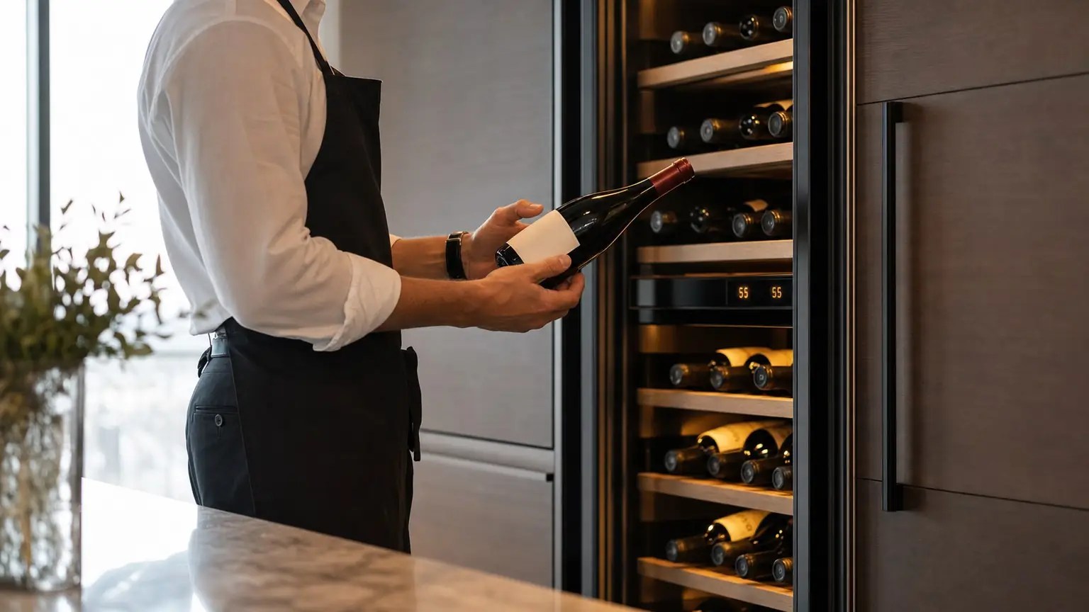 Top 12 Best Wine Cooler Brands: Trend to Watch in 2026 16 Professional sommelier inspecting a wine bottle next to a high-end wine cooler displaying optimal temperature