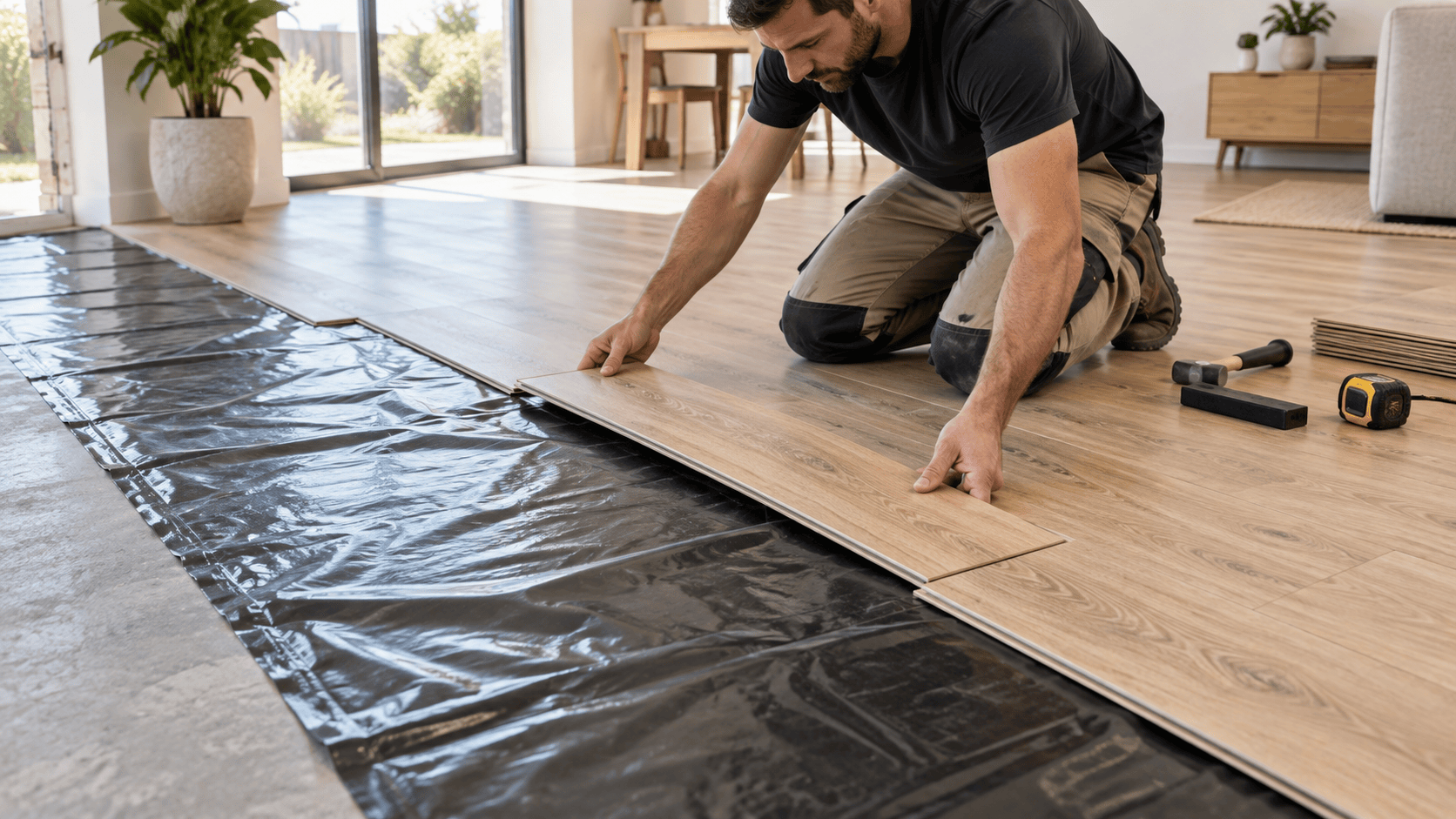 Hybrid flooring being installed over builder’s plastic moisture barrier