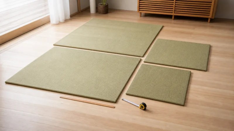 大きさの異なる置き畳とメジャーを並べた明るいリビング