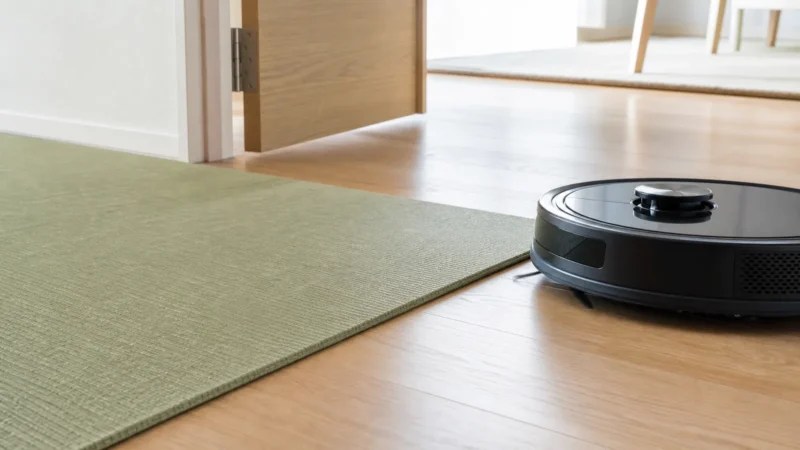 薄型の置き畳の端と開いたドアとロボット掃除機