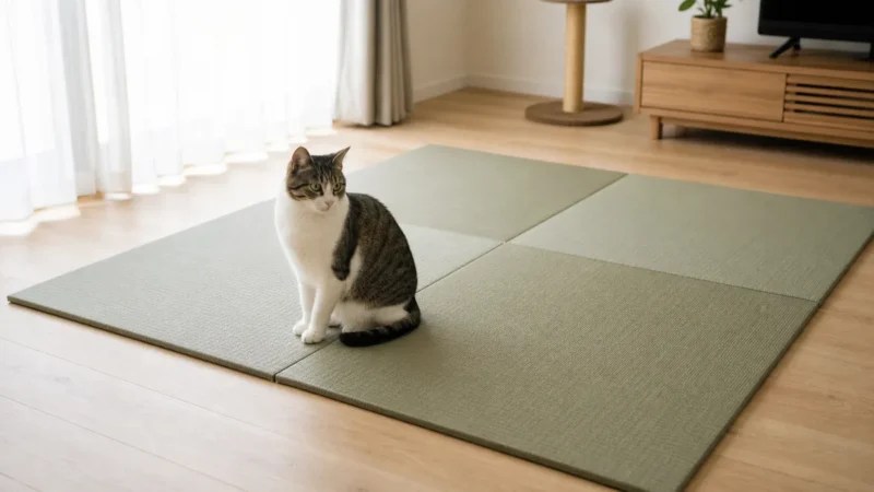 猫が座る正方形の置き畳スペース